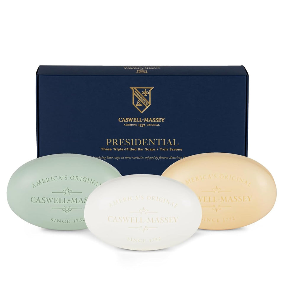 Caswell-Massey front packaging showing three-bar gift set for gifting