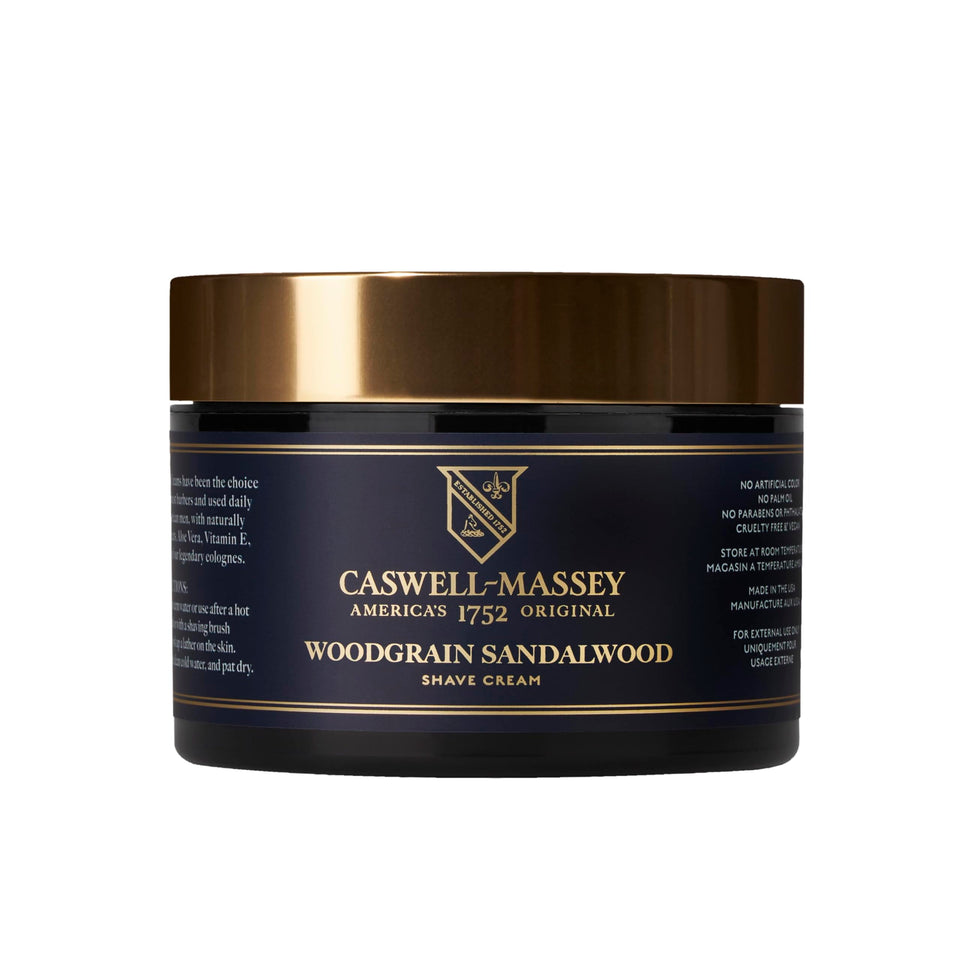 Caswell-Massey front tube showing Heritage Woodgrain label and classic design benefits