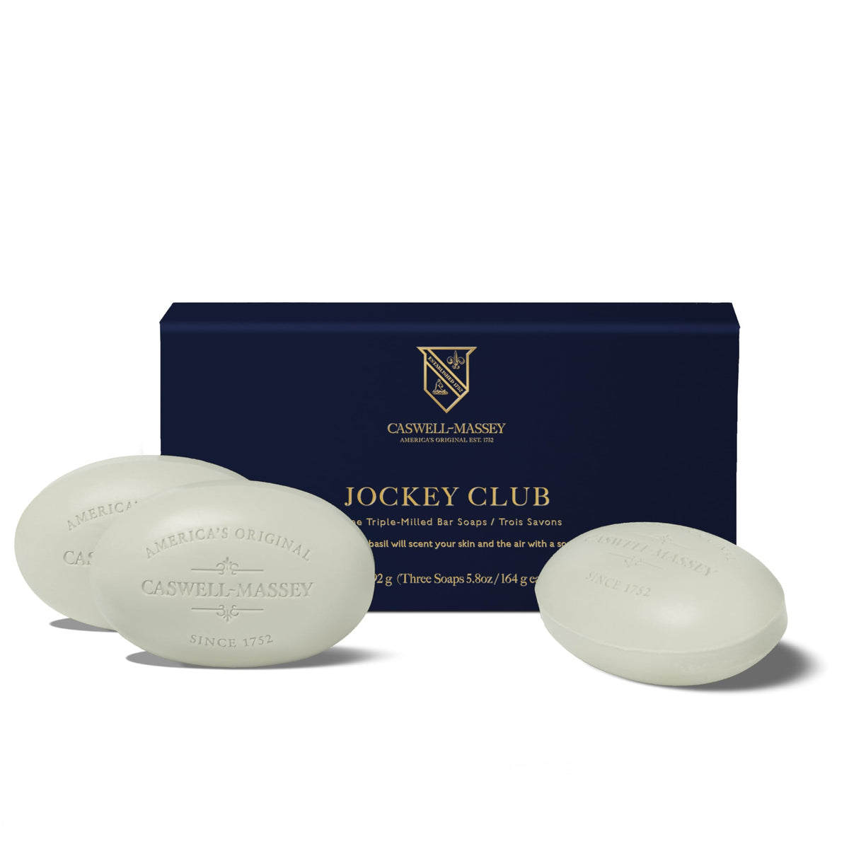 Caswell-Massey front packaging showcasing the three-bar gift set and classic brand