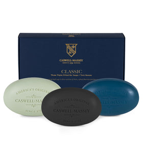 Caswell-Massey three-bar gift set front packaging showing elegant box and bars benefit ready-to-gift