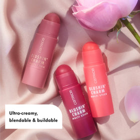 Catrice Blushin' Charm blended on cheek for natural dewy flush