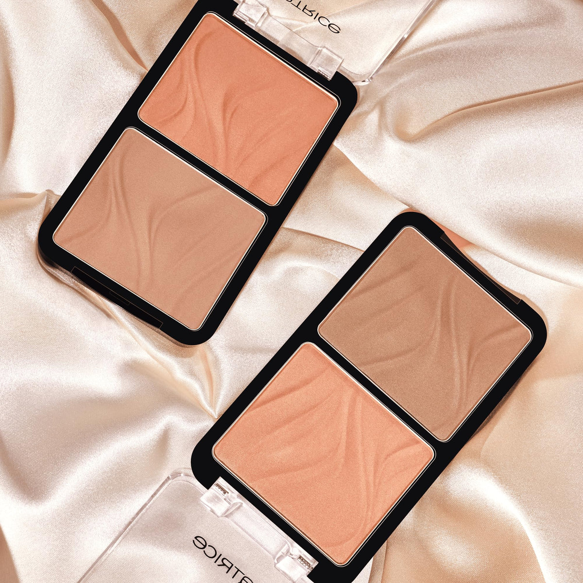 Catrice palette used on model cheeks showing sculpted definition and warm glow