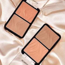 Catrice palette used on model cheeks showing sculpted definition and warm glow