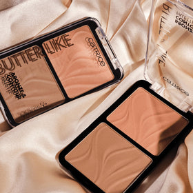 Catrice palette among makeup bag items showing everyday portability and style