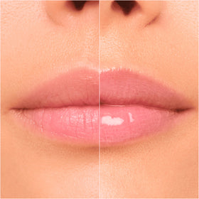 Catrice gloss layered over matte lipstick adding dimension and reflective shine benefit