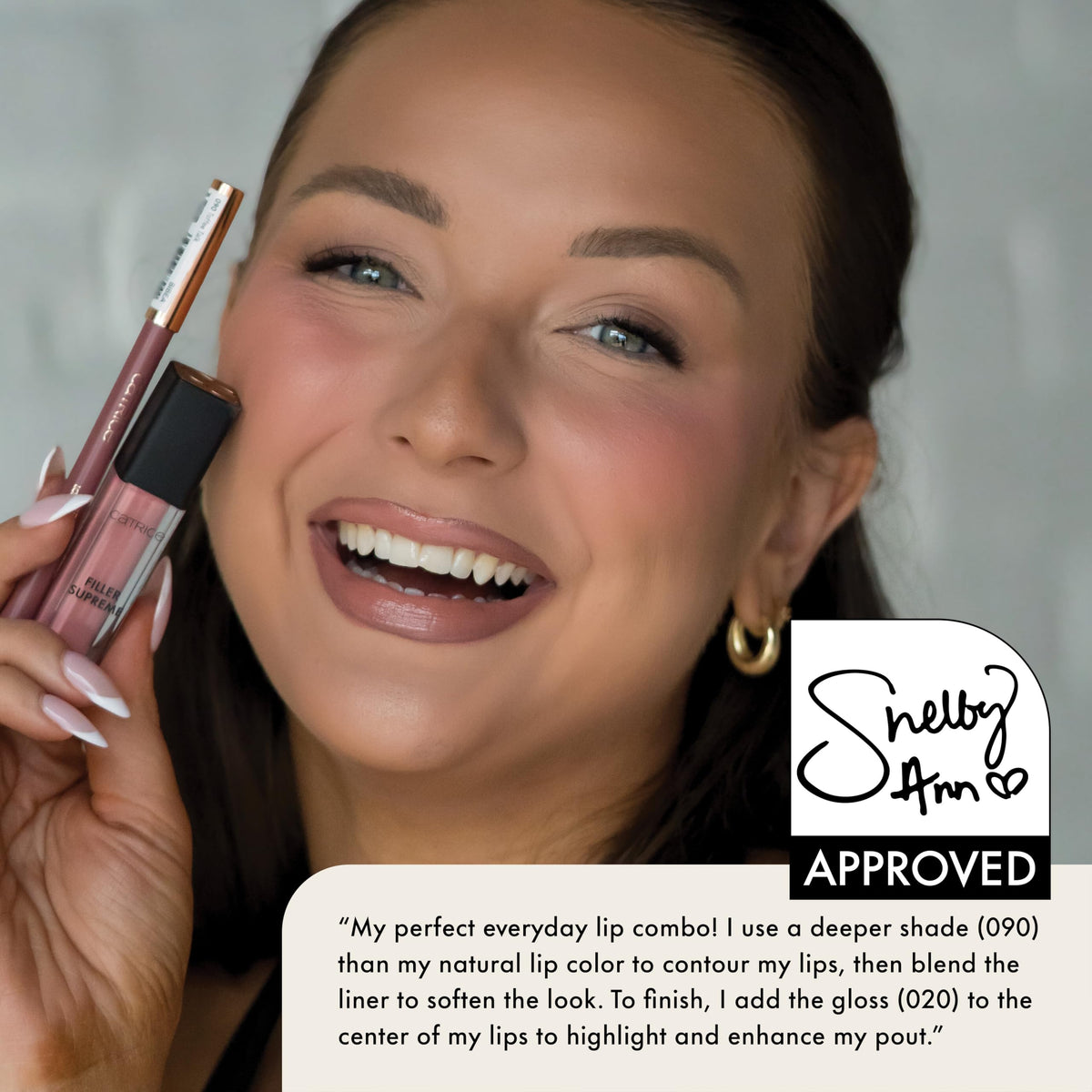 Catrice swatch on arm illustrating sheer tint and buildable shine benefit