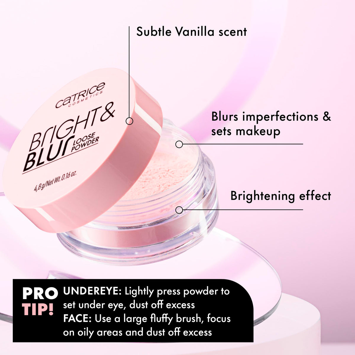 Catrice soft pink powder swatch showing color and blurring finish benefit