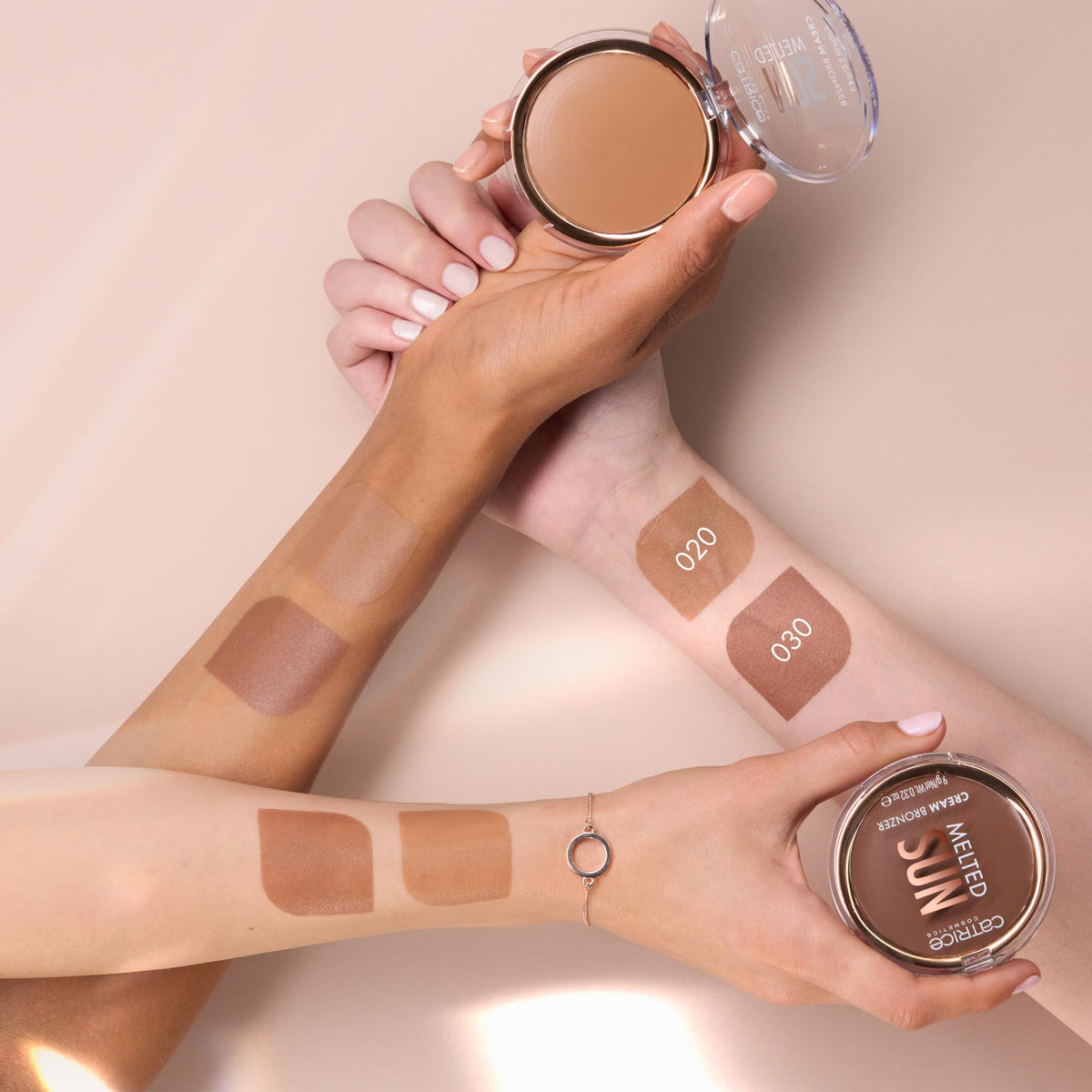 Catrice swatch on arm illustrating Beach Babe shade and buildable pigment