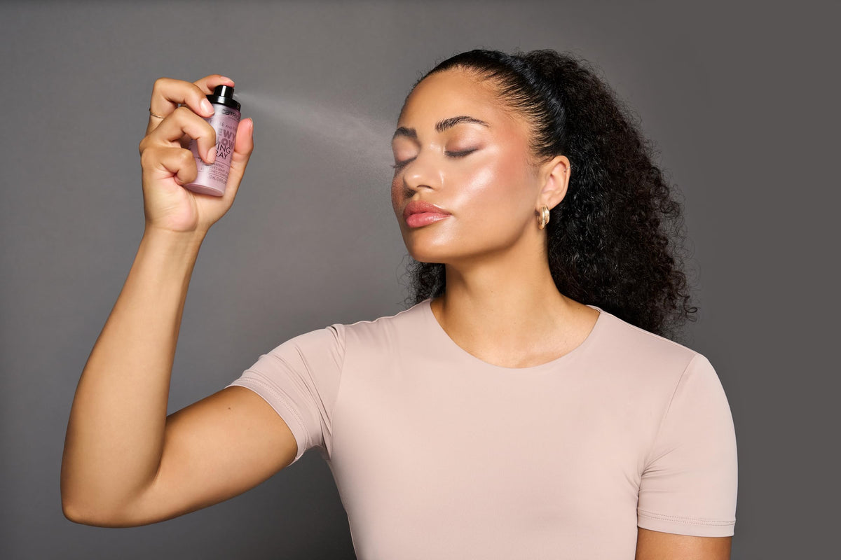 Catrice spray in use on model giving instant refreshed look