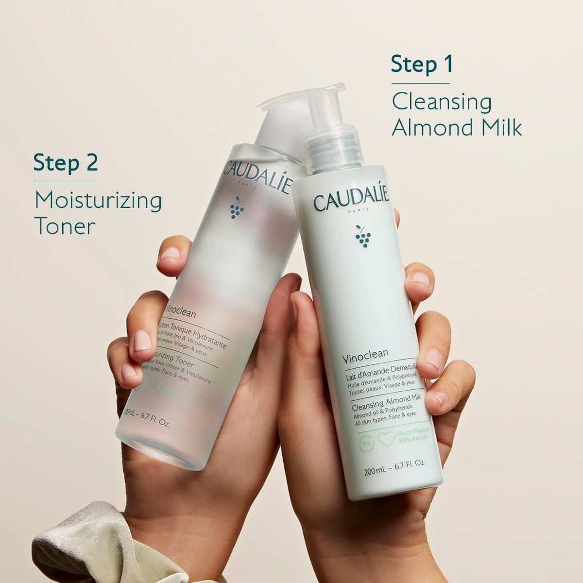 Caudalie 200 mL bottle beside a standard item to show compact travel size