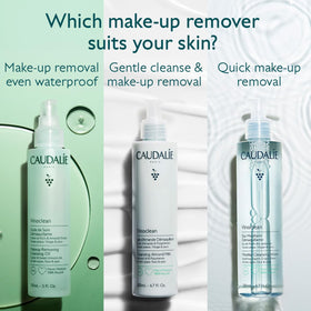 Caudalie applying cleansing oil to dry skin demonstrating gentle removal