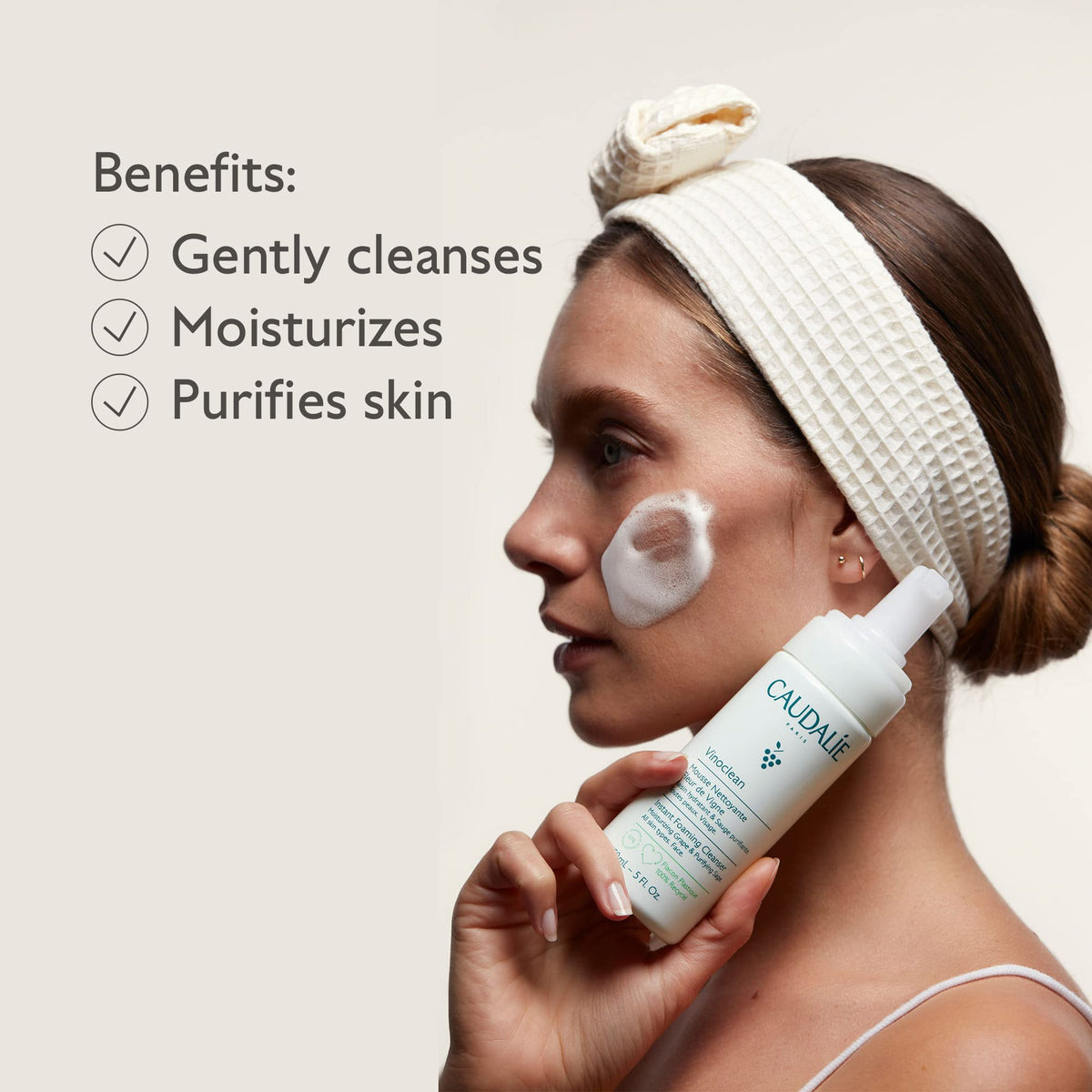 Caudalie bottle on bathroom shelf illustrating easy daily access and routine-friendly benefit