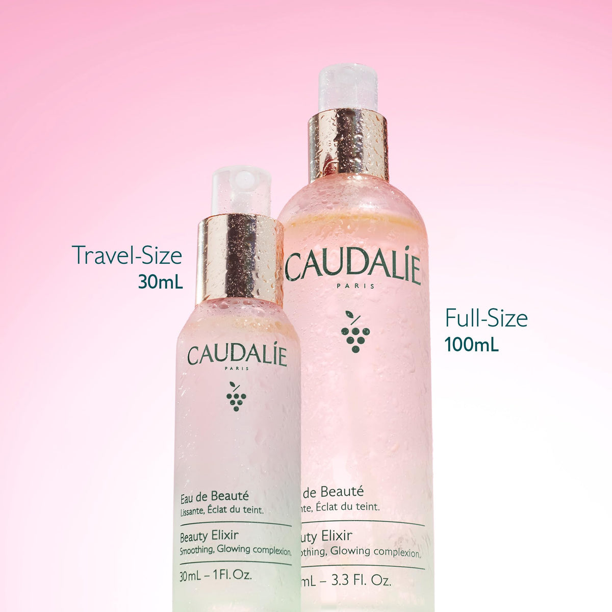 Caudalie close-up oil suspension in bottle, emphasizes shake-before-use and glow