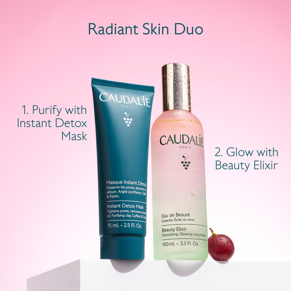 Caudalie bottle next to a hand for scale, displays the compact 100 mL size