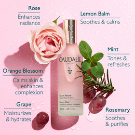 Caudalie bottle arranged with grapes and blossoms, conveys natural ingredients and glow