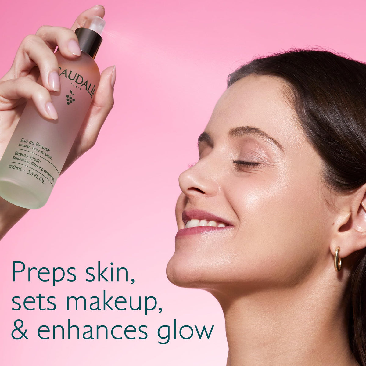 Caudalie close-up nozzle and mist texture, highlights fine spray for even coverage