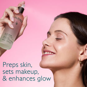 Caudalie close-up nozzle and mist texture, highlights fine spray for even coverage