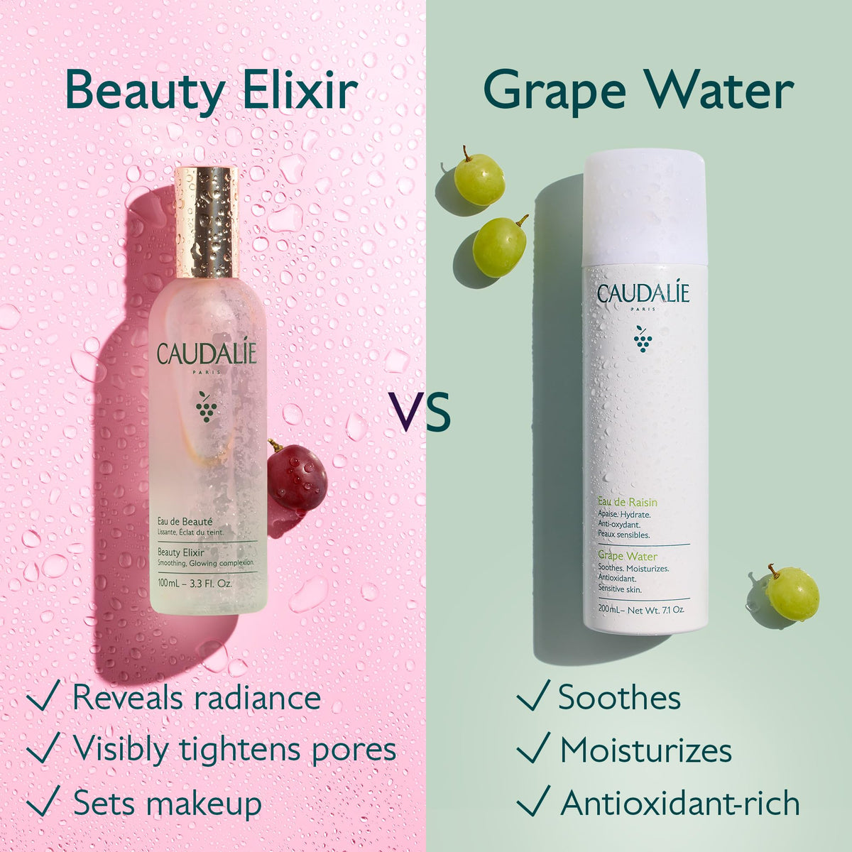 Caudalie bottle on vanity with makeup, illustrates use as a dewy setting spray