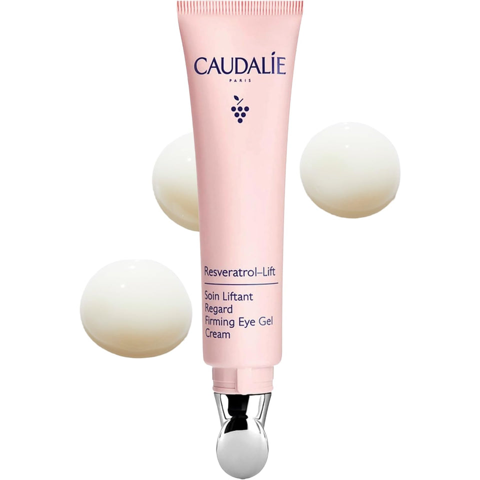 Caudalie front jar of Resveratrol-Lift eye gel showing packaging and brand benefit