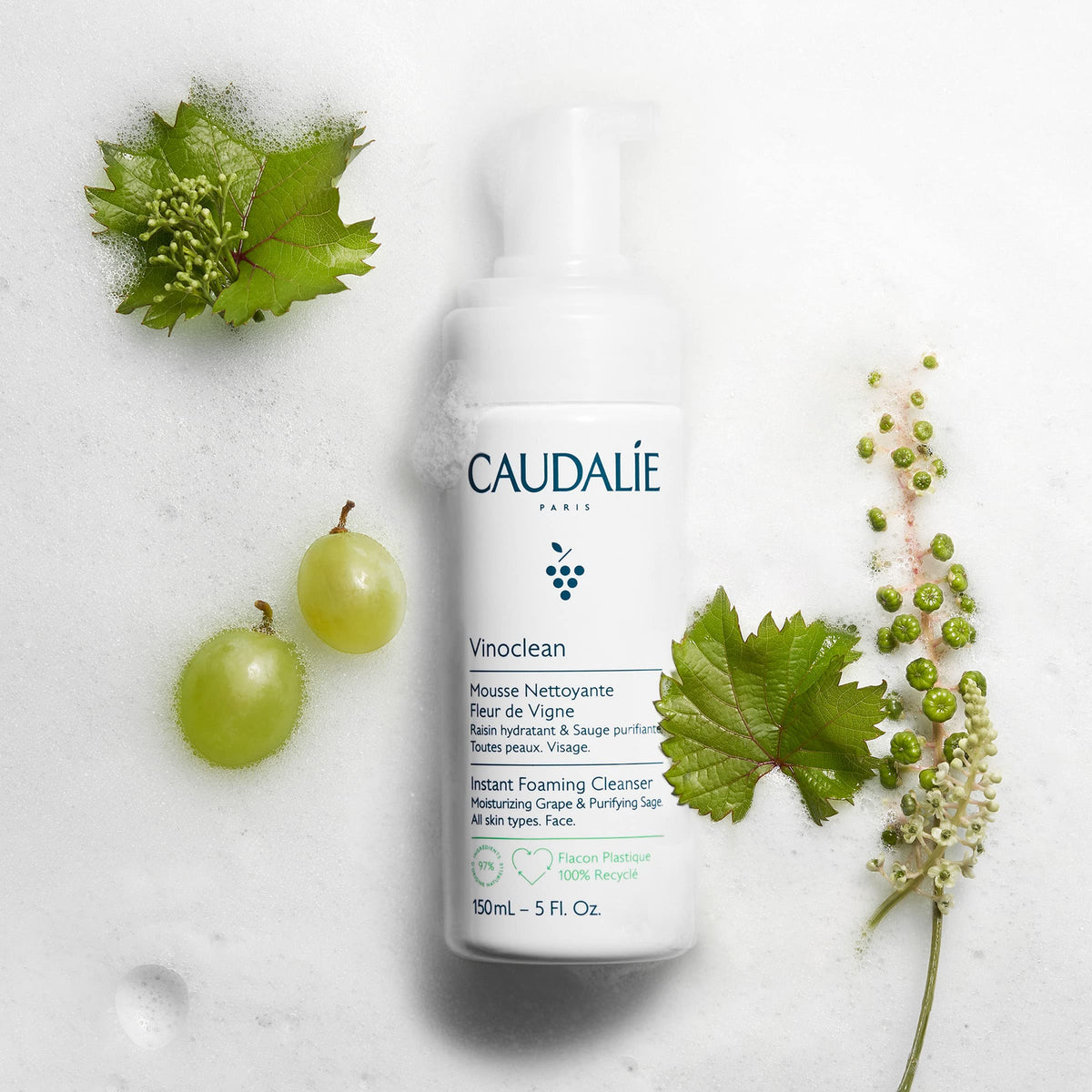 Caudalie foaming pump dispensing soft foam that makes cleansing quick and convenient