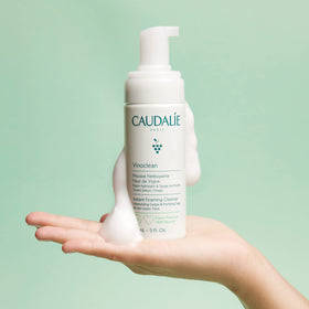 Close-up of Caudalie foam texture demonstrating airy lather that cleans without drying