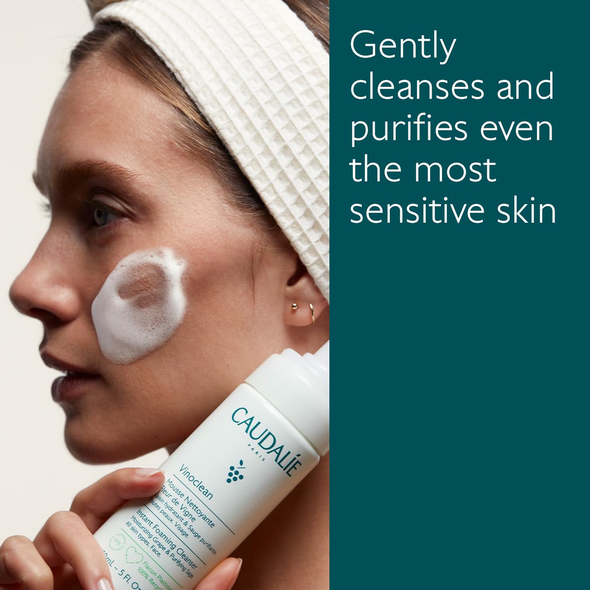 Caudalie foam texture close-up demonstrating gentle cleansing and soft lather