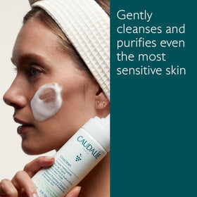 Caudalie foam texture close-up demonstrating gentle cleansing and soft lather