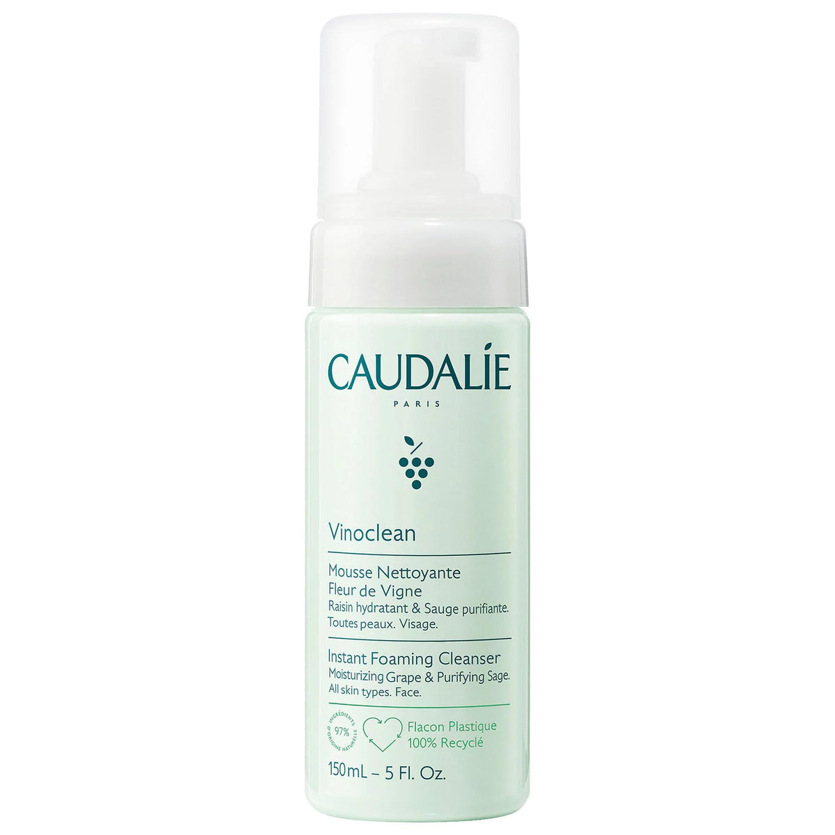 Caudalie front packaging showing 150 mL bottle and clear label for gentle cleansing benefit