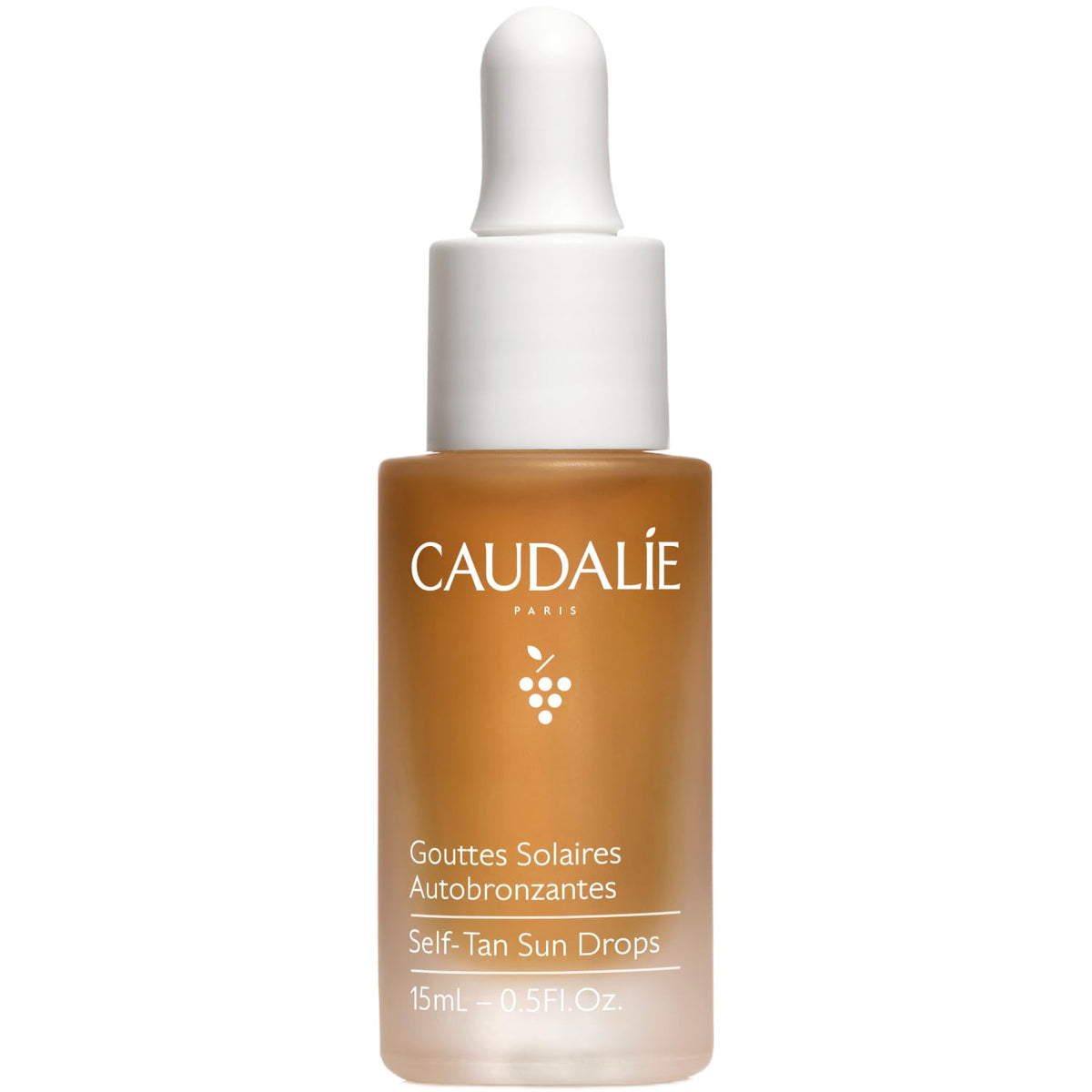 Caudalie front packaging of Self-Tan Sun Drops showing bottle and label, clear result