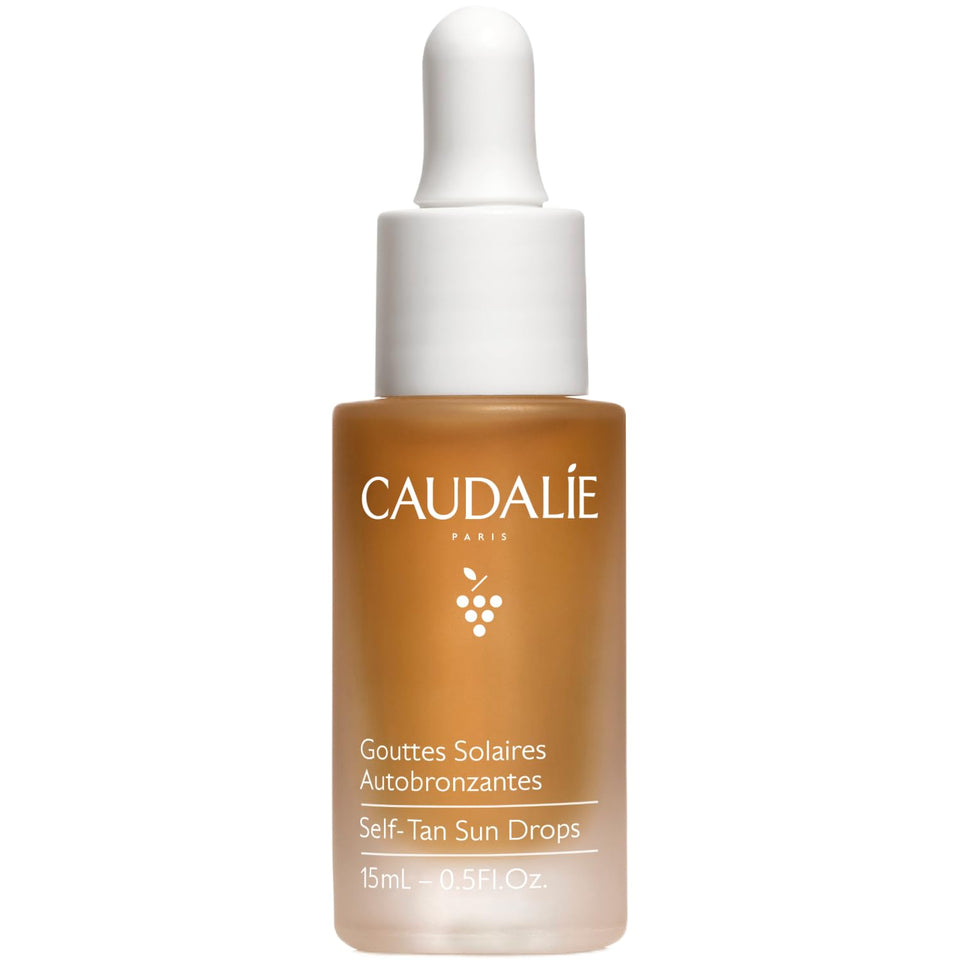 Caudalie front packaging of Self-Tan Sun Drops showing bottle and label, clear result