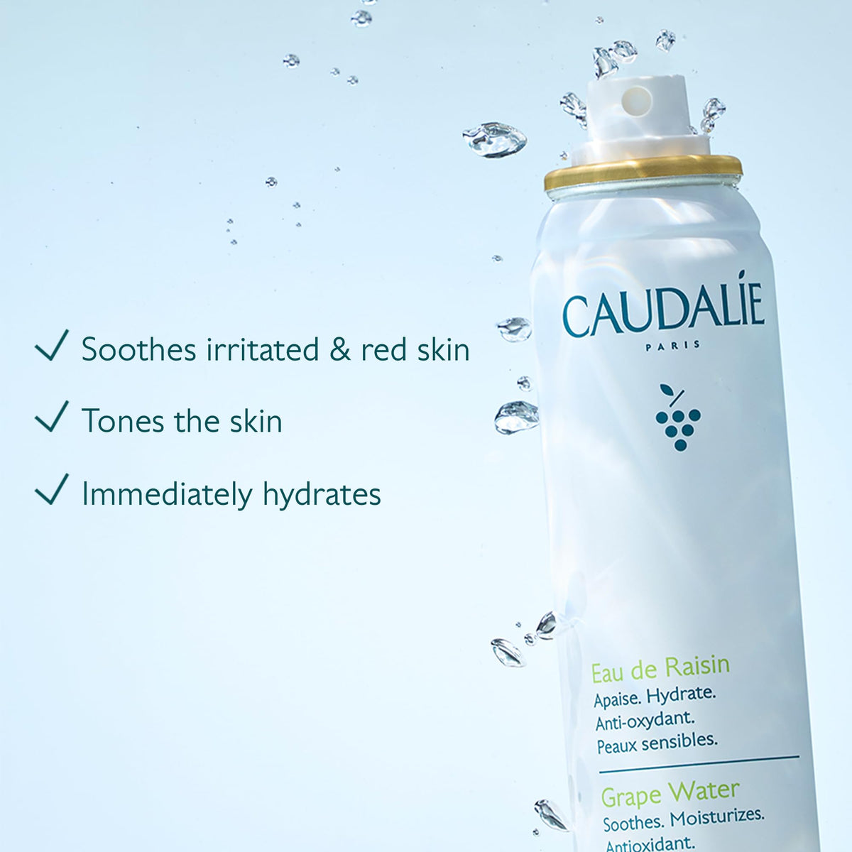 Caudalie mist spray close-up demonstrating fine, even hydration