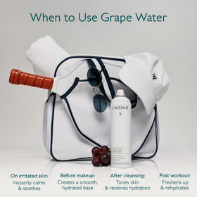 Caudalie spray mist in use on face delivering fast soothing and cooling benefit