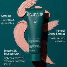 Caudalie tube with ingredient list showing pink clay and grape extract benefits