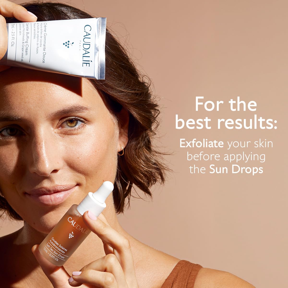 Caudalie lifestyle bathroom routine with drops, promotes easy daily self-tanning habit