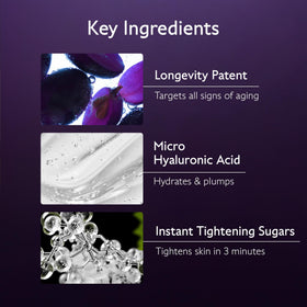 Caudalie packaging label close-up highlighting longevity patent ingredients
