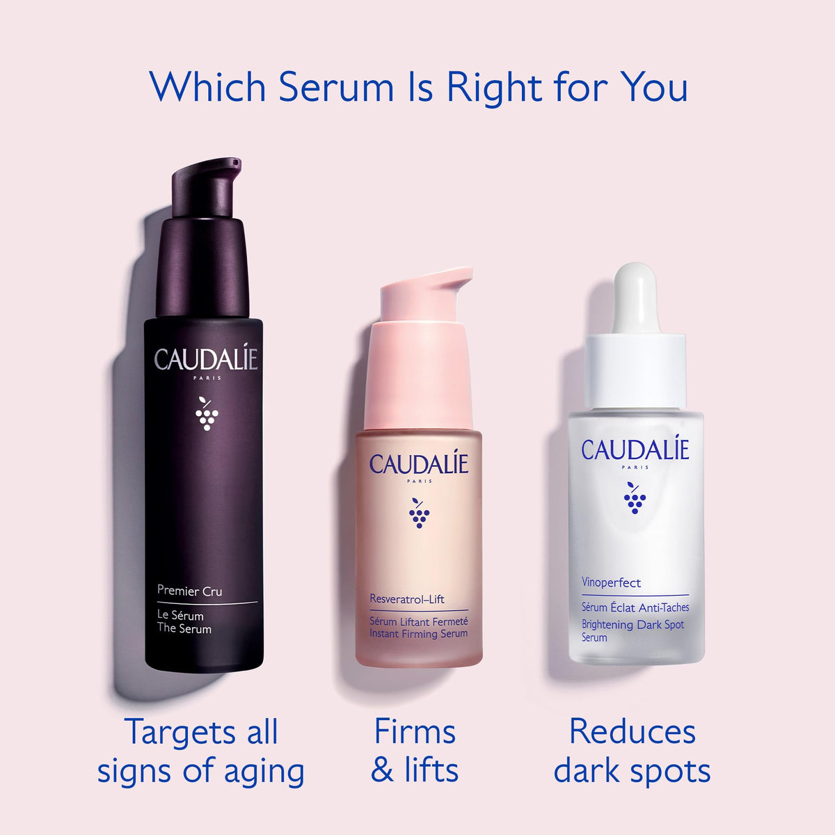 Caudalie ingredients display featuring resveratrol and hyaluronic acid for visible firming