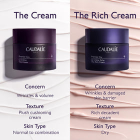 Caudalie cream pictured with Premier Cru serum and eye cream showing layered routine
