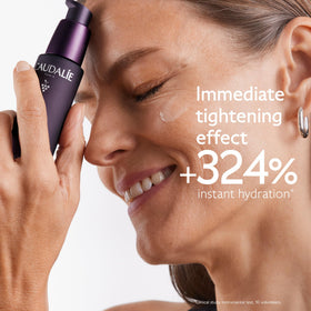 Caudalie serum drop texture close-up highlighting hydrating, fast-absorbing formula