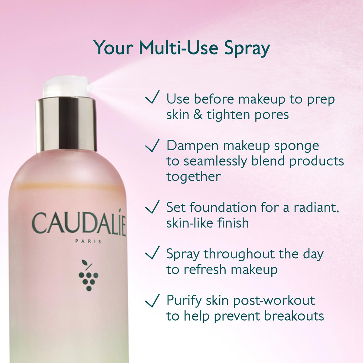Caudalie travel-sized bottle inside a pouch, shows convenience for on-the-go refresh