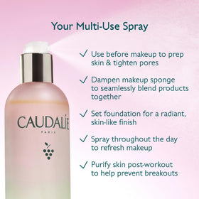 Caudalie travel-sized bottle inside a pouch, shows convenience for on-the-go refresh