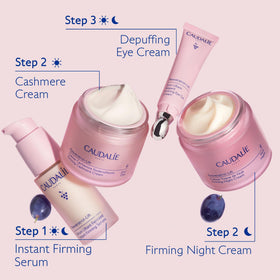 Caudalie product being massaged under eye demonstrating de-puffing benefit