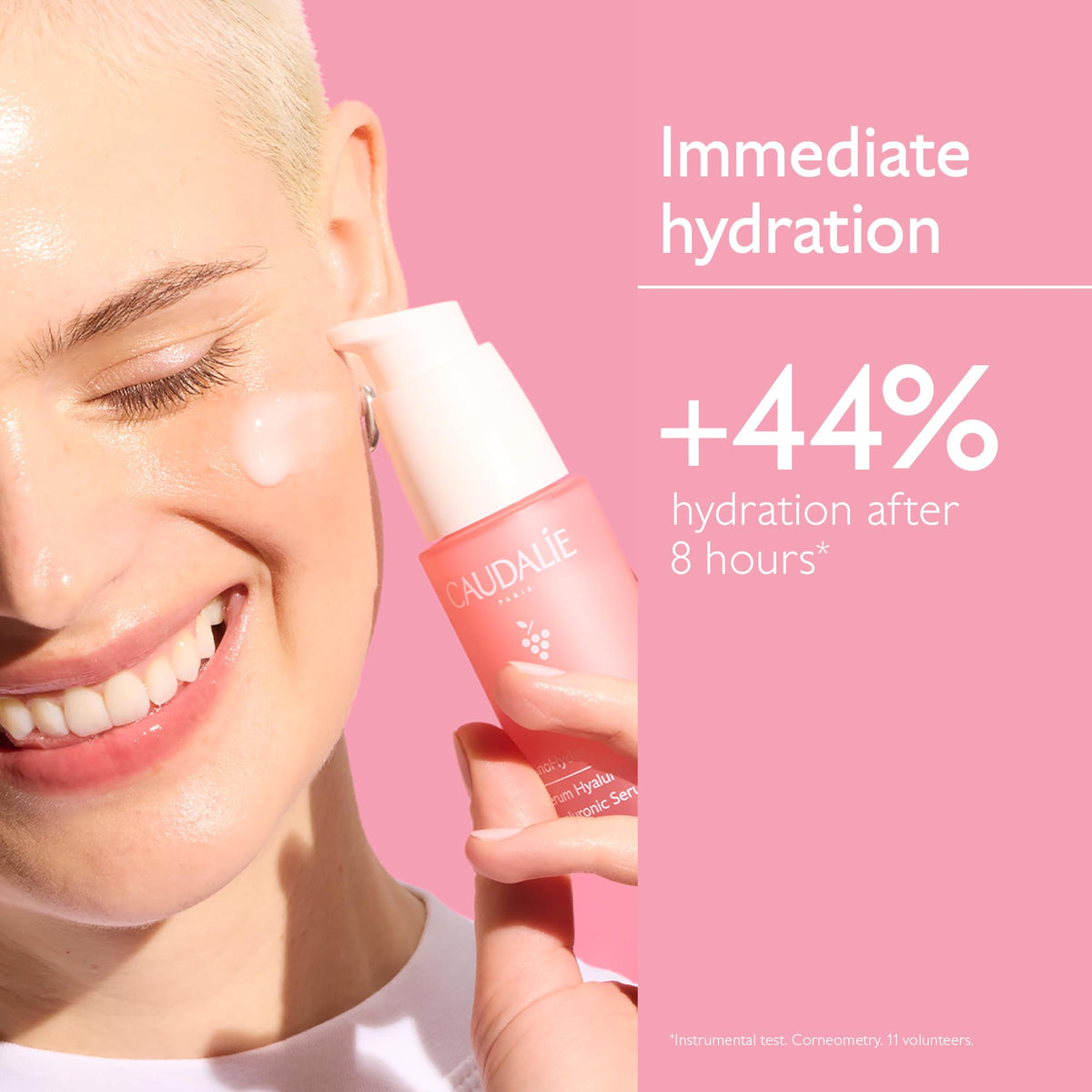 Bottle of organic grape water ingredient with Caudalie branding, emphasizes soothing antioxidants