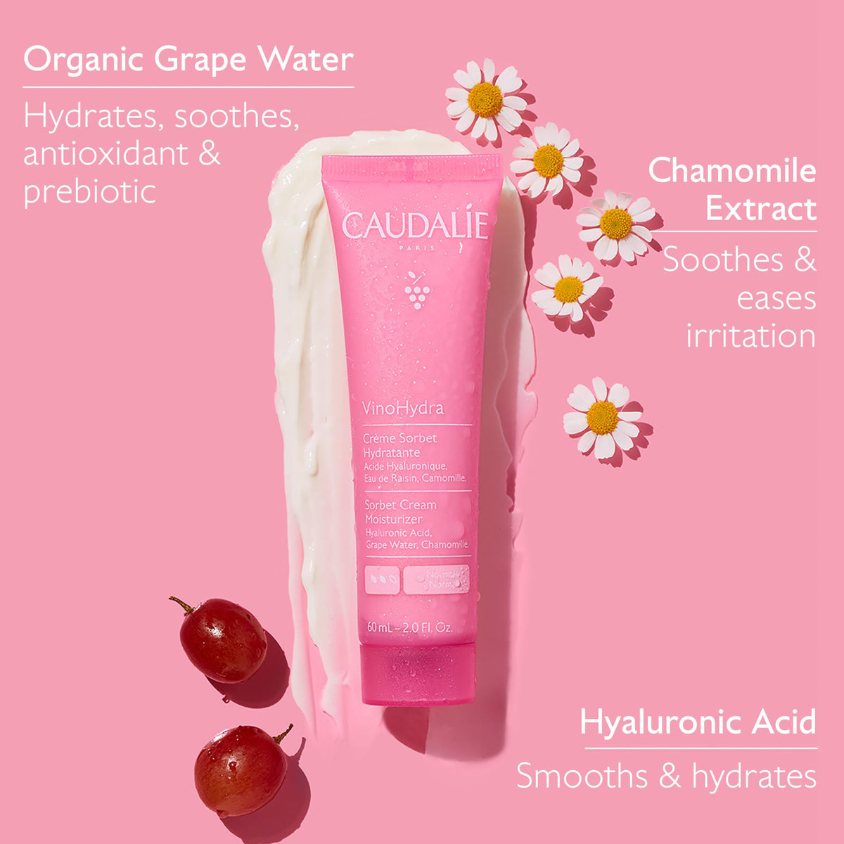 Caudalie VinoHydra open jar top view showing smooth cream and soothing formula