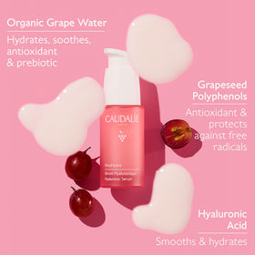 Close-up of Caudalie VinoHydra serum texture droplet showing lightweight, fast-absorbing finish