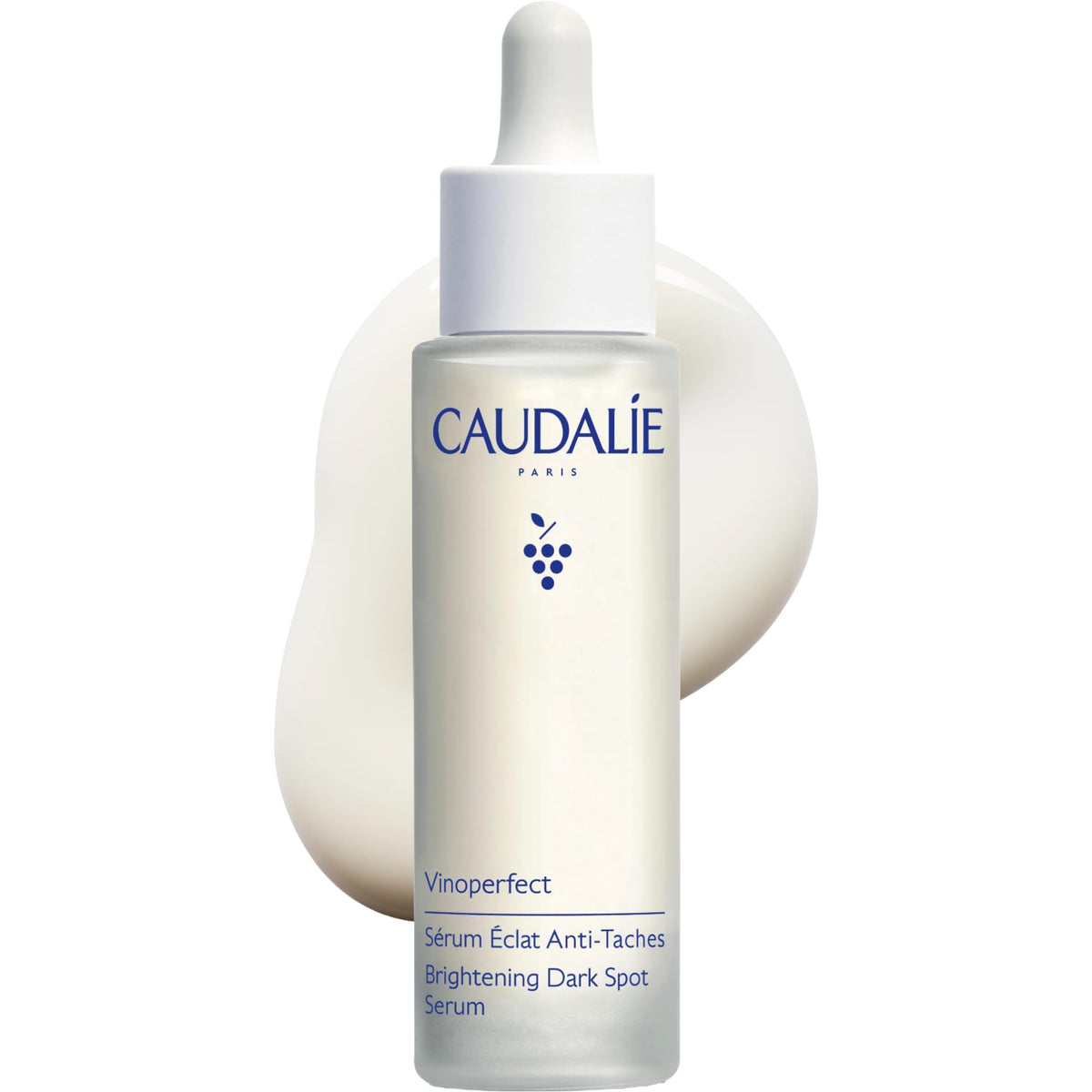 Caudalie front bottle showing Vinoperfect serum and clear glass packaging benefit brightens skin