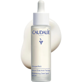 Caudalie front bottle showing Vinoperfect serum and clear glass packaging benefit brightens skin