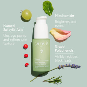 Caudalie Vinopure with grapeseed clusters emphasizing antioxidant support