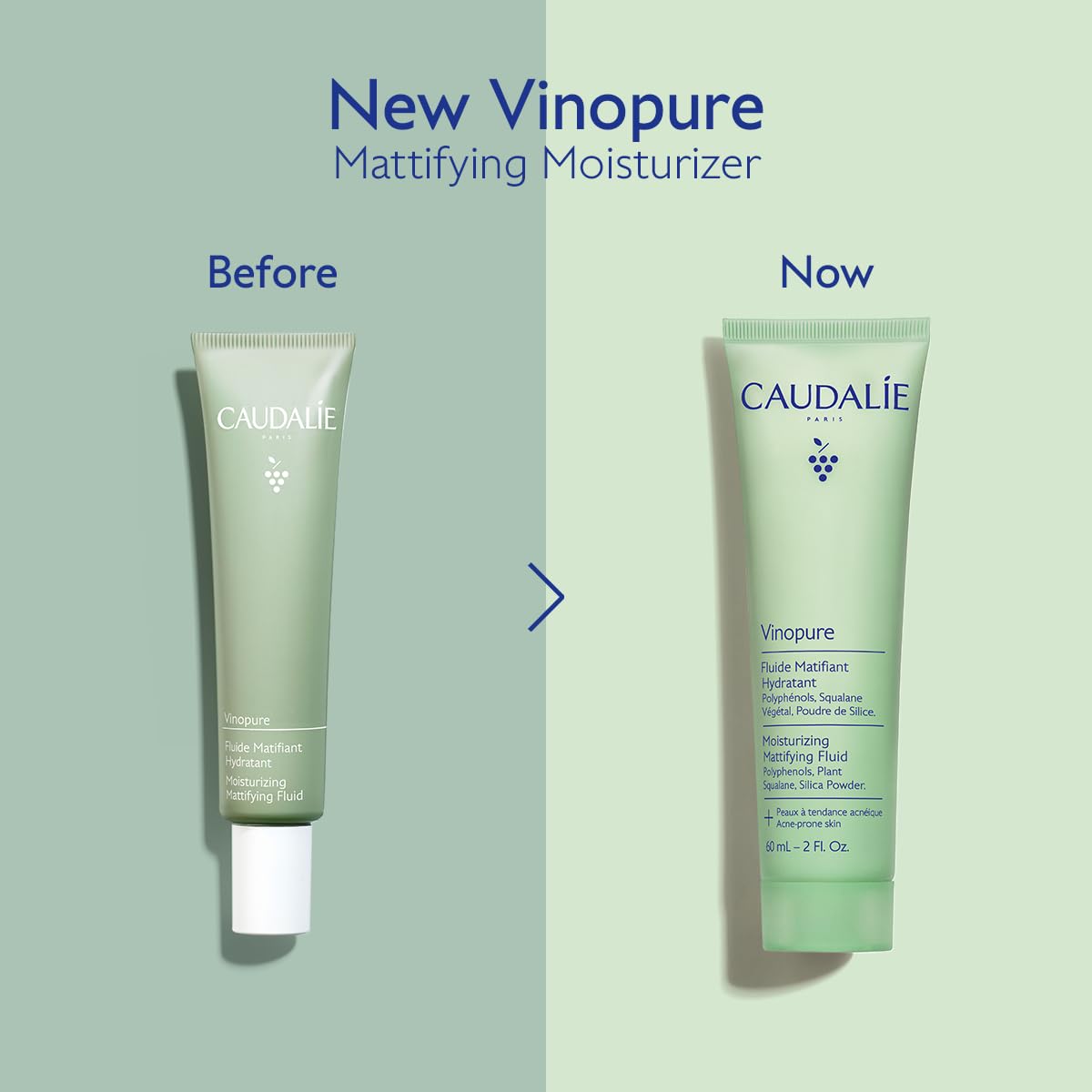 Caudalie Vinopure ingredient highlight with grape imagery, emphasizes antioxidant benefit