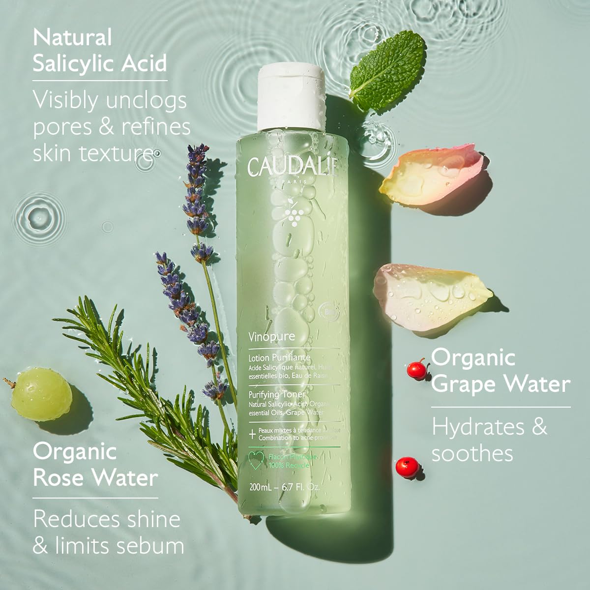 Caudalie Vinopure texture pouring from bottle to show lightweight formula
