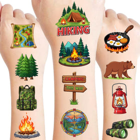 CAVALATAT front packaging showing 50-piece camping tattoo set and benefits